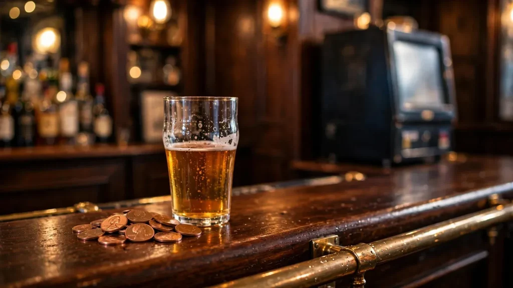 British pub bar with copper pennies and fruit machine in the background