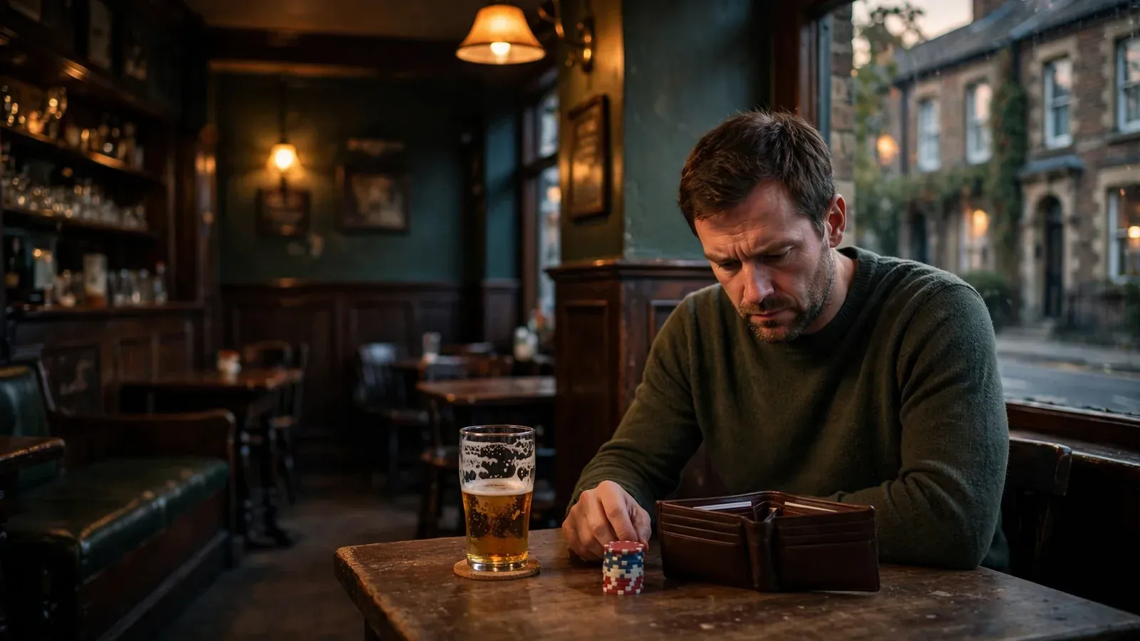 Man at a UK pub table reflecting on gambling chips and empty wallet