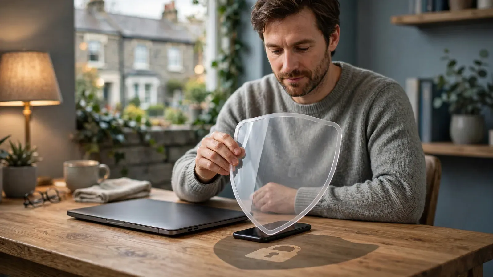 Person at desk with closed laptop protected by a shield, symbolising personal data privacy.