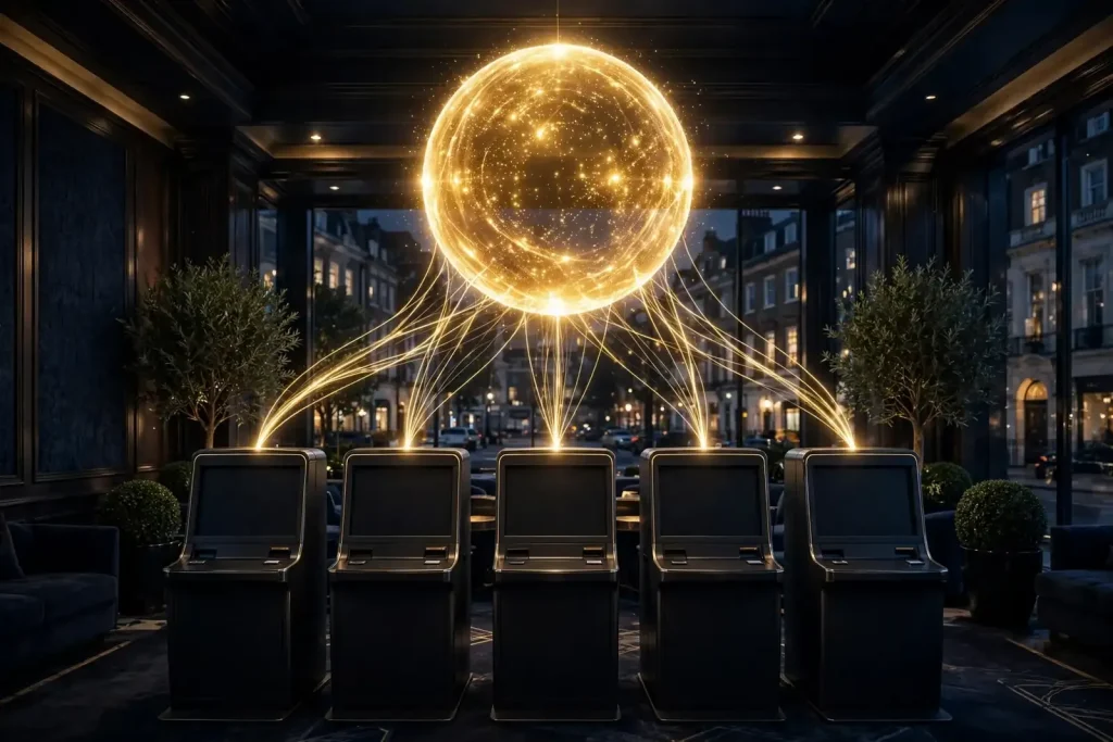 Glowing golden jackpot sphere in an elegant UK casino lounge