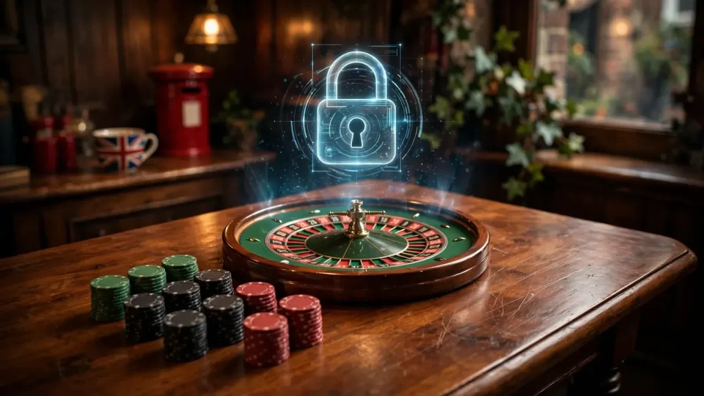Roulette wheel and casino chips on a wooden table with a glowing padlock symbol, UK setting