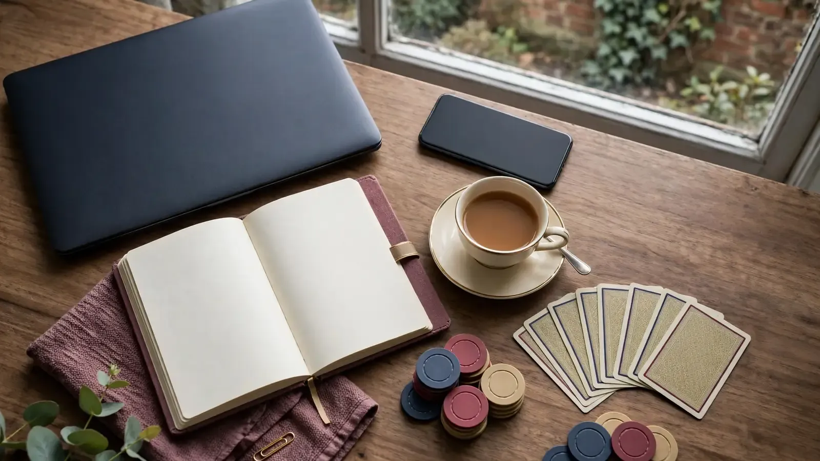 Closed laptop and casino-themed desk objects for a UK information site