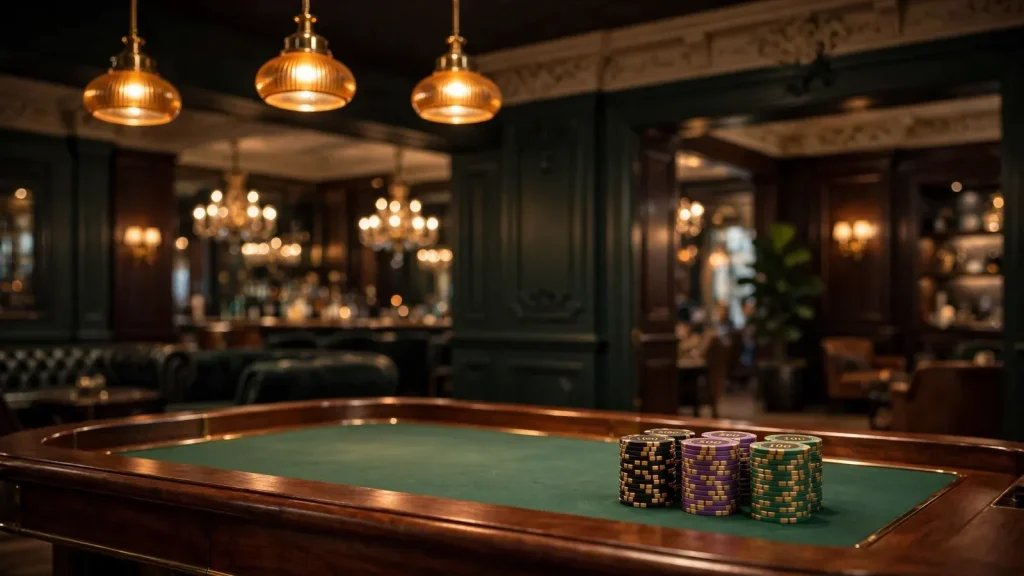 Elegant London casino lounge with a polished roulette table and stacked chips under warm amber lighting.