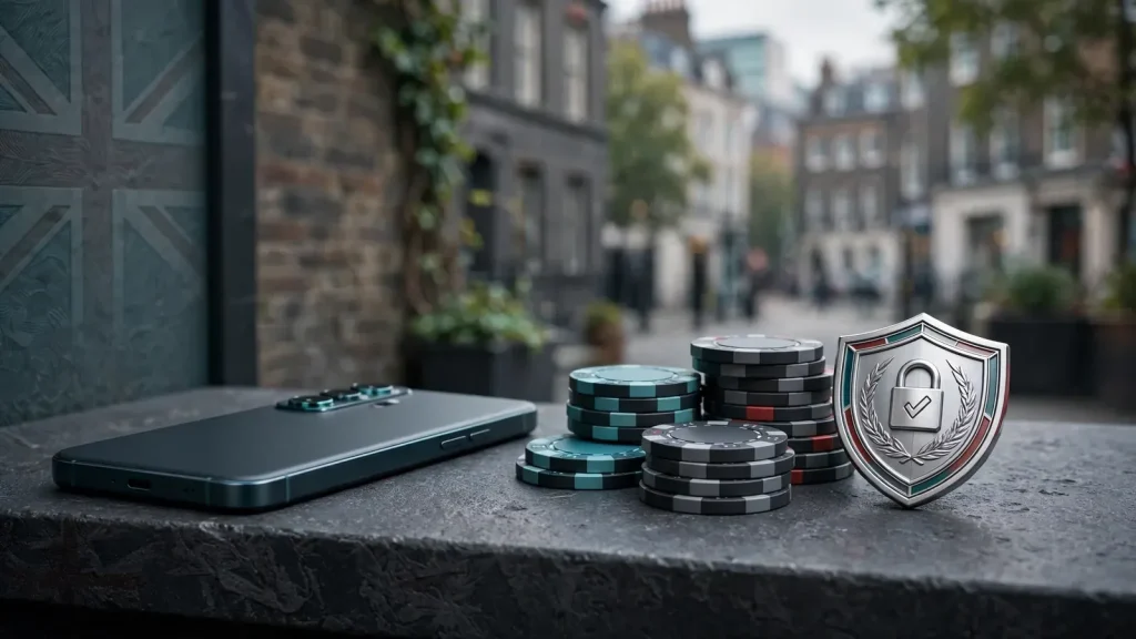 Secure crypto payment concept beside UK casino licensing symbols