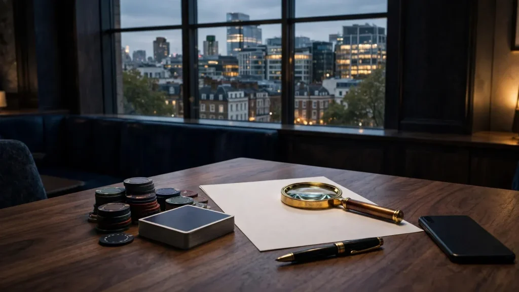Casino chips, magnifying glass, and face-down smartphone with London skyline beyond