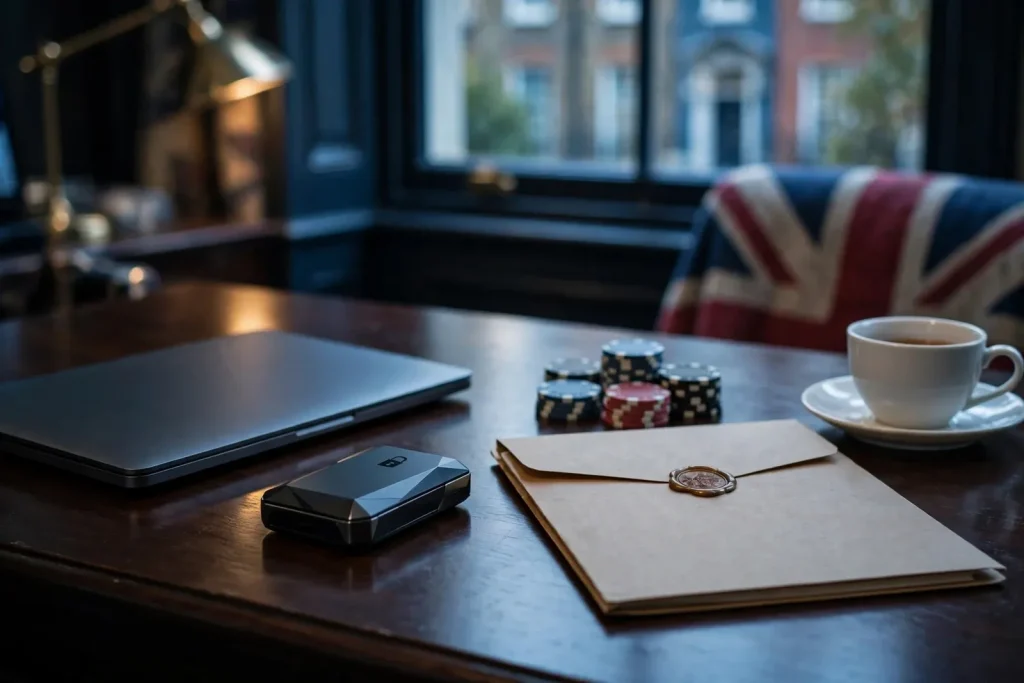 Crypto symbols, closed laptop, casino chips, and licensing folder on a UK desk