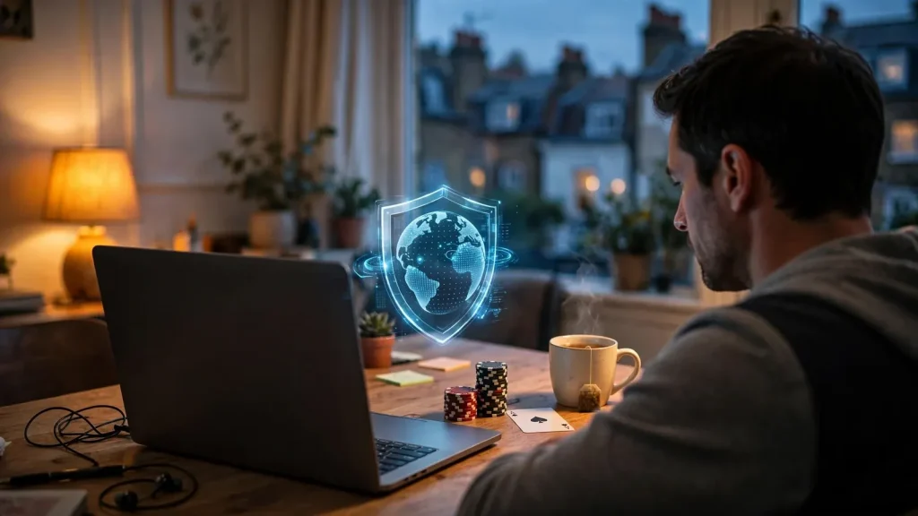 Person at a London desk using a laptop with a VPN shield symbol beside poker chips